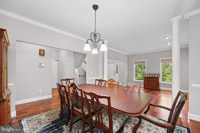 2357 Brighton Pl, Jeffersonton, VA 22724 - dining area with wood-type flooring, ornamental molding, a chandelier, recessed lighting, and stairway
