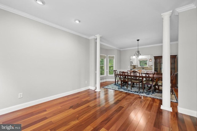 2357 Brighton Pl, Jeffersonton, VA 22724 - dining area with ornate columns, hardwood / wood-style flooring, crown molding, and recessed lighting