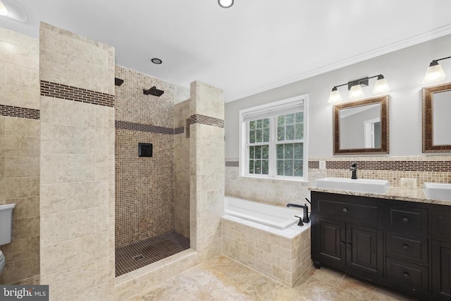 2357 Brighton Pl, Jeffersonton, VA 22724 - bathroom featuring walk in shower, a garden tub, double vanity, ornamental molding, and tile patterned floors