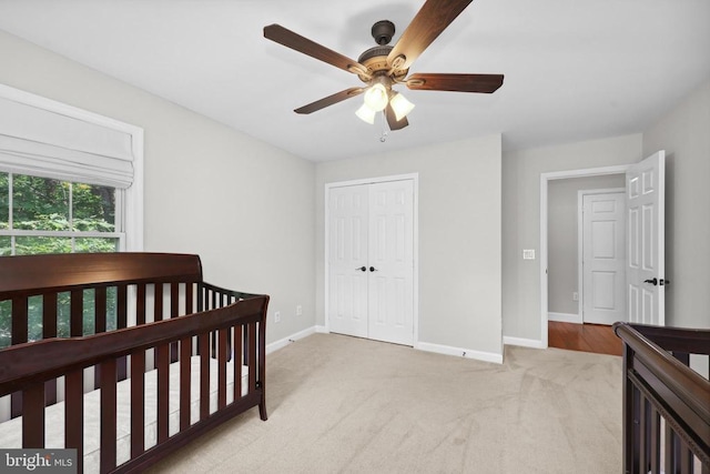 2357 Brighton Pl, Jeffersonton, VA 22724 - bedroom with light colored carpet, a closet, and ceiling fan