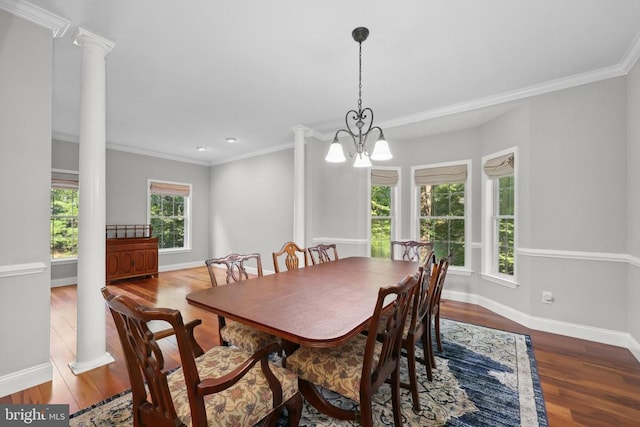 2357 Brighton Pl, Jeffersonton, VA 22724 - dining room featuring ornate columns, wood finished floors, crown molding, and a chandelier