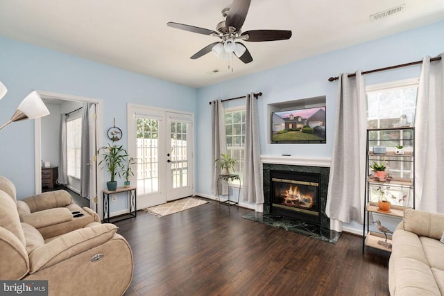 11313 Macon Dr, Fredericksburg, VA 22407 - living room with wood finished floors, ceiling fan, a high end fireplace, and french doors
