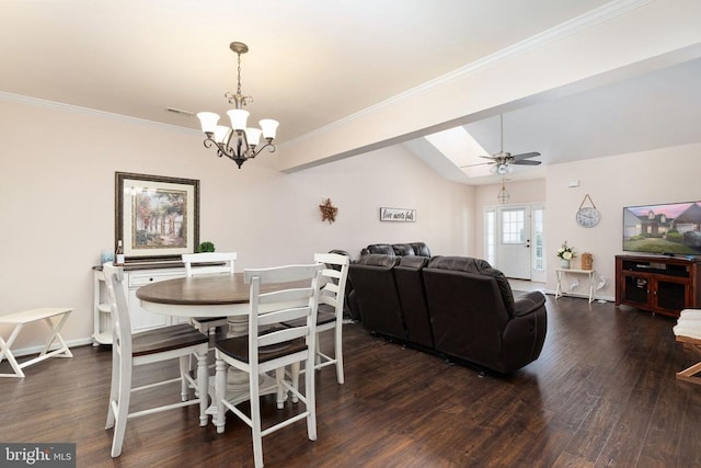 11313 Macon Dr, Fredericksburg, VA 22407 - dining area with a chandelier, wood finished floors, crown molding, vaulted ceiling, and a ceiling fan