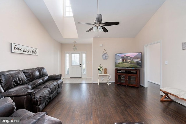 11313 Macon Dr, Fredericksburg, VA 22407 - living room featuring wood finished floors, high vaulted ceiling, and a ceiling fan