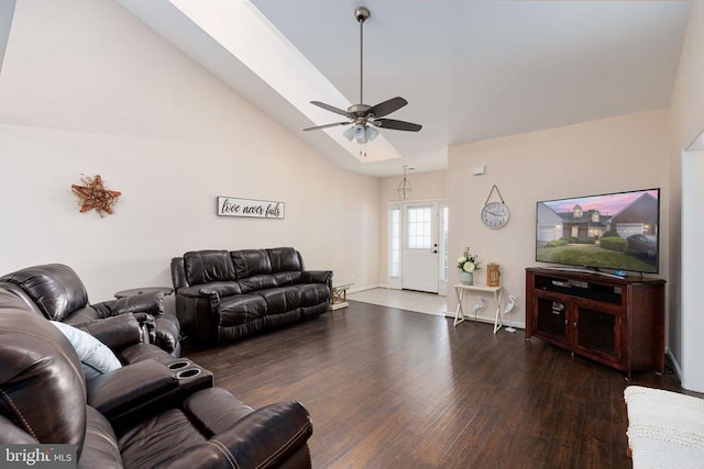 11313 Macon Dr, Fredericksburg, VA 22407 - living area with wood finished floors, high vaulted ceiling, ceiling fan, and a skylight