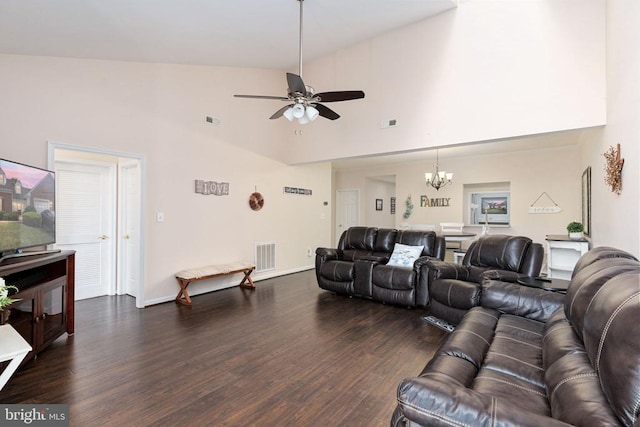 11313 Macon Dr, Fredericksburg, VA 22407 - living area with a chandelier, a ceiling fan, dark wood-type flooring, and high vaulted ceiling