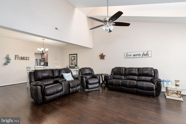 11313 Macon Dr, Fredericksburg, VA 22407 - living area with a chandelier, wood finished floors, ceiling fan, and high vaulted ceiling