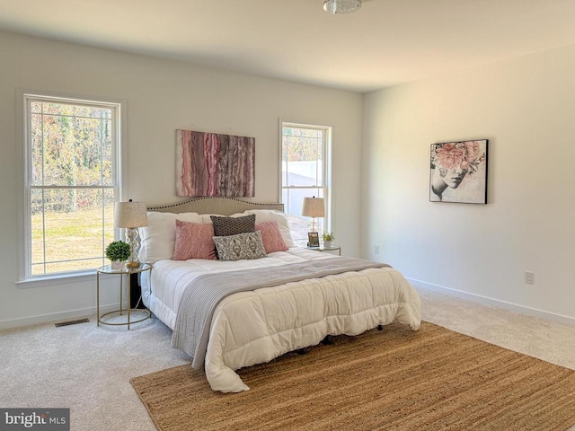 bedroom featuring carpet floors, baseboards, and visible vents