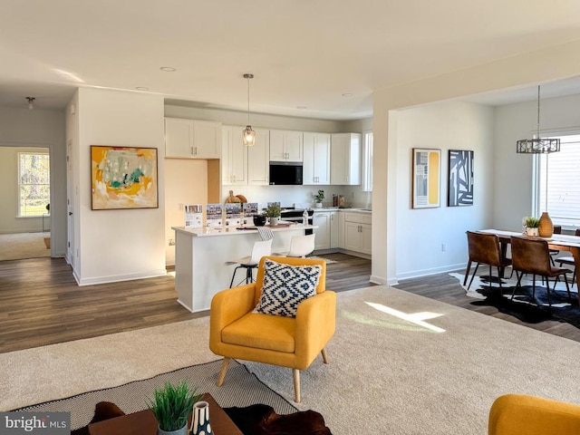 living room with dark hardwood / wood-style floors and a wealth of natural light