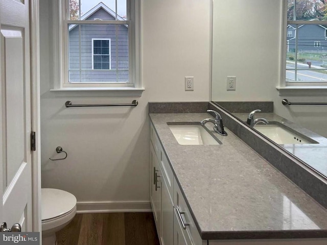 bathroom with vanity, hardwood / wood-style flooring, a wealth of natural light, and toilet