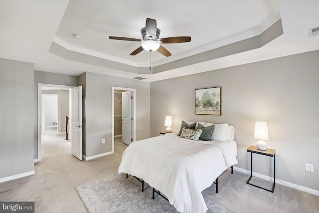 3103 Alliance Ct, Fredericksburg, VA 22408 - bedroom with a raised ceiling, light carpet, crown molding, a walk in closet, and a ceiling fan