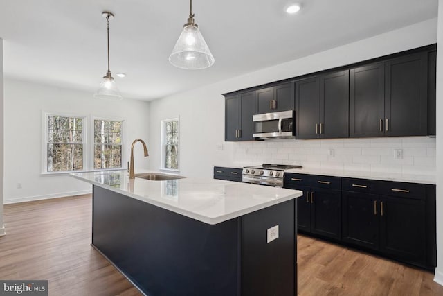 201 Zion Manor Rd Lot 13, Gordonsville, VA 22942 - kitchen featuring stainless steel appliances, a sink, dark cabinets, decorative backsplash, and light wood-style flooring