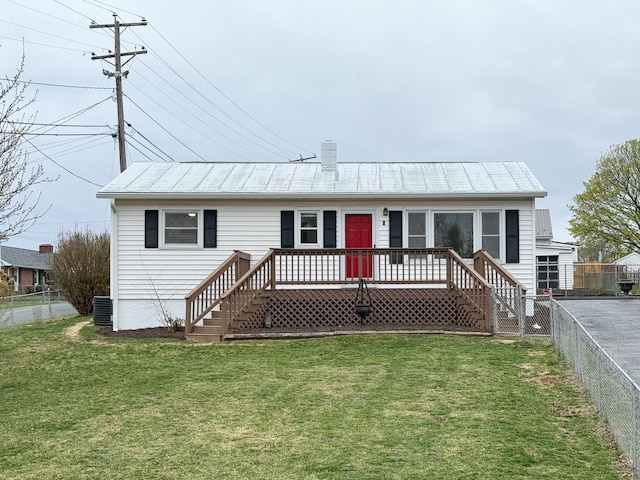 6 Maple Dr, Verona, VA 24482 - ranch-style house featuring metal roof, a front yard, stairway, a wooden deck, and a fenced backyard