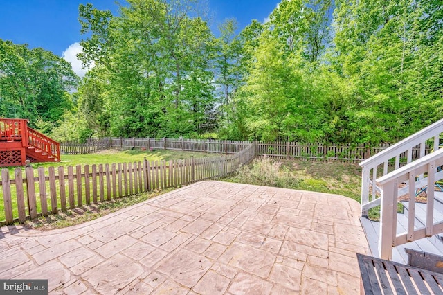 6733 Averett Ct, Fredericksburg, VA 22407 - view of patio / terrace featuring stairway, a wooden deck, and a fenced backyard