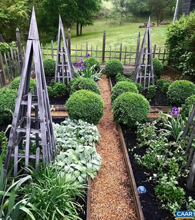 view of yard featuring fence and a vegetable garden