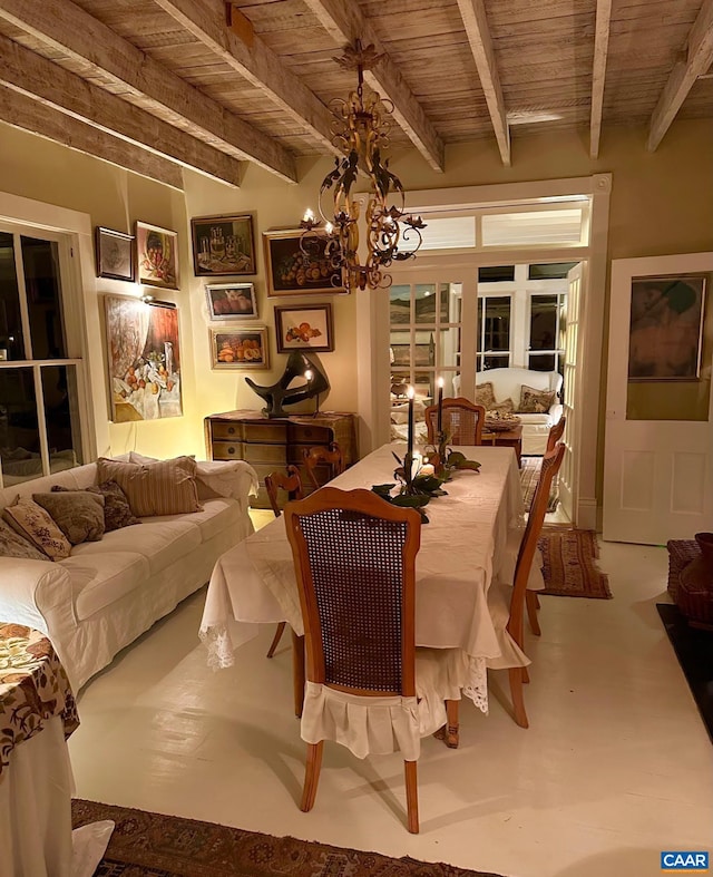 dining space featuring beamed ceiling, an inviting chandelier, wooden ceiling, and concrete flooring