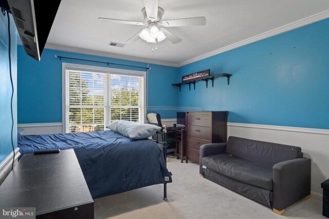 11721 Hoover Ln, Fredericksburg, VA 22407 - carpeted bedroom with crown molding, ceiling fan, and wainscoting