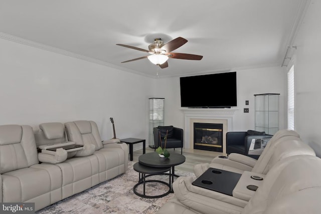 11721 Hoover Ln, Fredericksburg, VA 22407 - living area featuring ceiling fan, crown molding, a glass covered fireplace, and wood finished floors