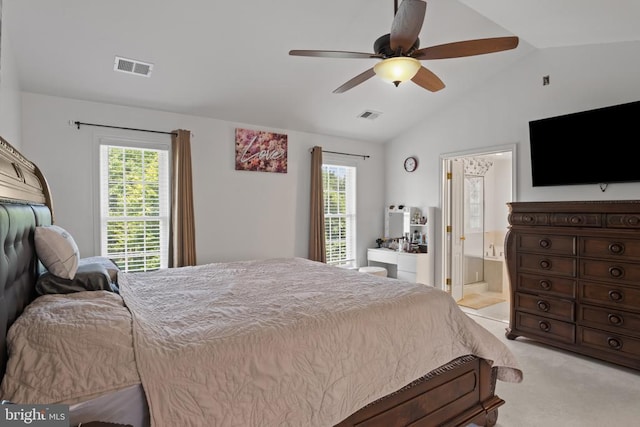 11721 Hoover Ln, Fredericksburg, VA 22407 - bedroom featuring vaulted ceiling, light carpet, ceiling fan, and ensuite bathroom
