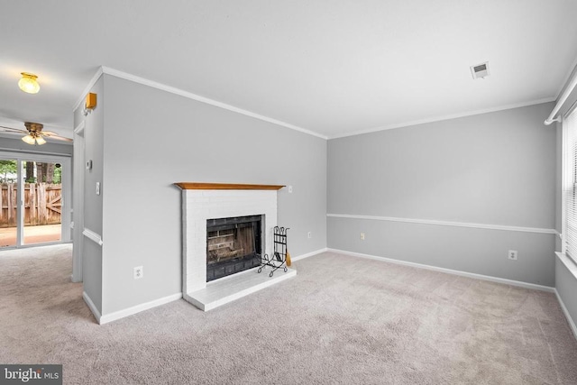 11260 Girven Ct, Fredericksburg, VA 22407 - unfurnished living room featuring carpet flooring, a brick fireplace, ceiling fan, and crown molding