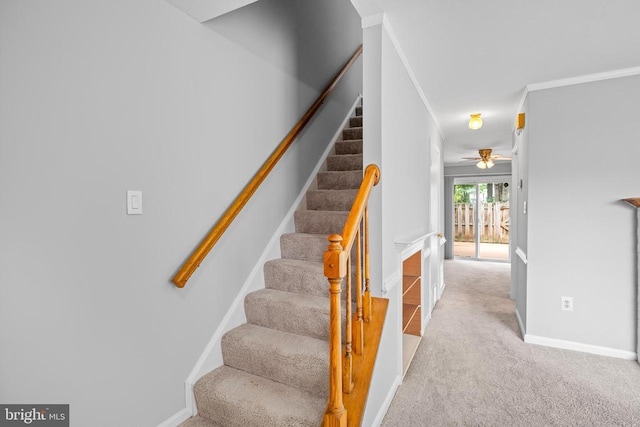 11260 Girven Ct, Fredericksburg, VA 22407 - staircase with ceiling fan, carpet flooring, and ornamental molding