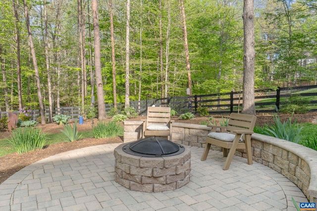 view of patio featuring an outdoor fire pit and a fenced backyard