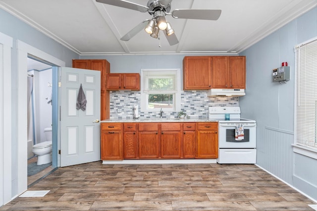 143 Pkin Ln, Raphine, VA 24472 - kitchen featuring white range with electric cooktop, under cabinet range hood, brown cabinets, light countertops, and decorative backsplash