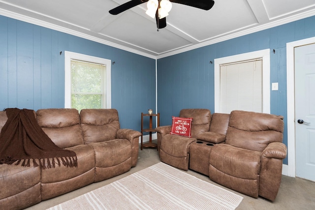 143 Pkin Ln, Raphine, VA 24472 - living area featuring carpet, ceiling fan, and ornamental molding