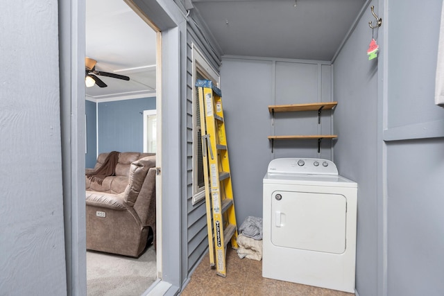 143 Pkin Ln, Raphine, VA 24472 - laundry area featuring washer / dryer, a ceiling fan, and a decorative wall