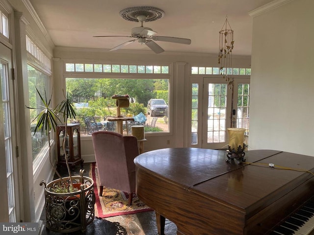  - sunroom with french doors, ornamental molding, a jacuzzi, and wood finished floors