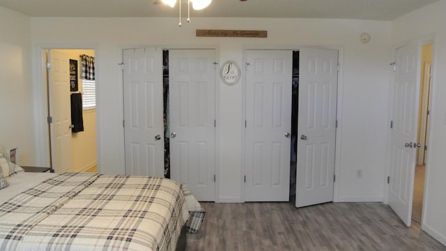 bedroom featuring wood finished floors, two closets, and baseboards