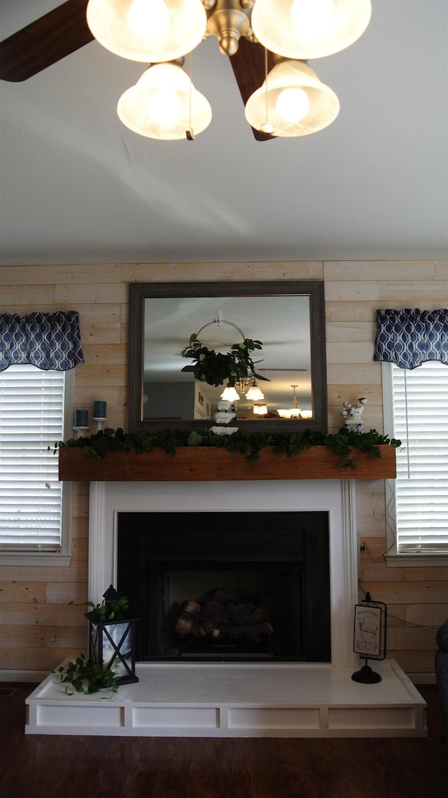 room details with wooden walls and a fireplace with raised hearth