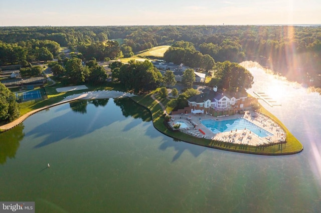bird's eye view of a pool, a heavily wooded area, and a large body of water