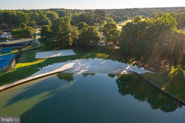 view of property location featuring a large body of water and a heavily wooded area