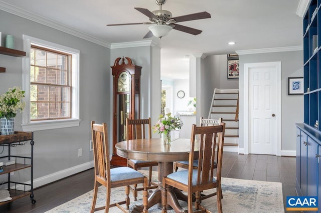 25 Bolling Cir, Palmyra, VA 22963 - dining space with ceiling fan, stairway, baseboards, crown molding, and dark wood-style floors