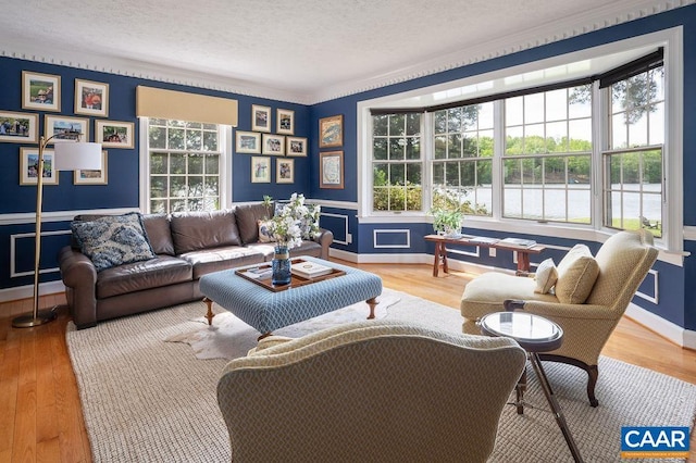 25 Bolling Cir, Palmyra, VA 22963 - living room featuring a textured ceiling, baseboards, wood finished floors, and ornamental molding