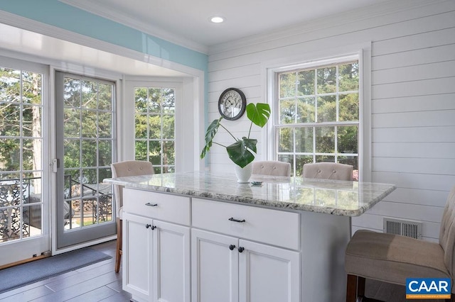 25 Bolling Cir, Palmyra, VA 22963 - kitchen with light stone countertops, white cabinetry, healthy amount of natural light, ornamental molding, and wood walls