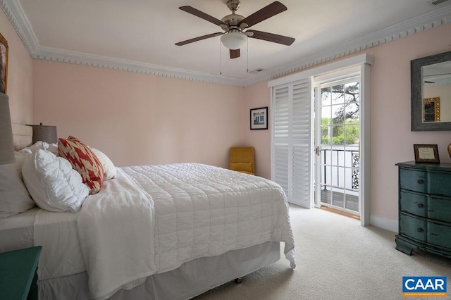 25 Bolling Cir, Palmyra, VA 22963 - bedroom with access to exterior, light carpet, ornamental molding, baseboards, and a ceiling fan