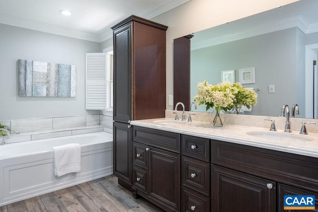 25 Bolling Cir, Palmyra, VA 22963 - full bathroom with ornamental molding, a garden tub, double vanity, wood finished floors, and recessed lighting