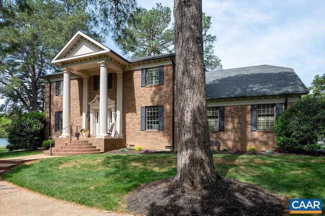 25 Bolling Cir, Palmyra, VA 22963 - neoclassical home with brick siding, a front yard, and crawl space