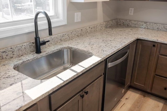 1032 D St, Waynesboro, VA 22980 - kitchen with stainless steel dishwasher, light wood-style floors, light stone counters, and dark brown cabinets