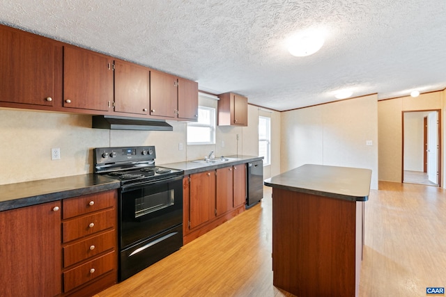 kitchen with a textured ceiling, dishwasher, under cabinet range hood, light wood-style flooring, and black range with electric stovetop
