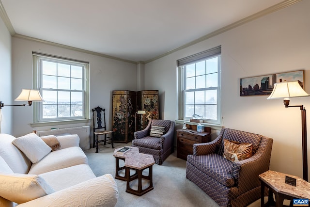 carpeted living area with crown molding