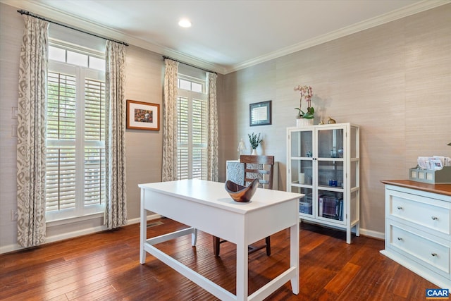 1664 Wickham Way, Charlottesville, VA 22901 - home office with ornamental molding, dark wood-style floors, baseboards, and recessed lighting