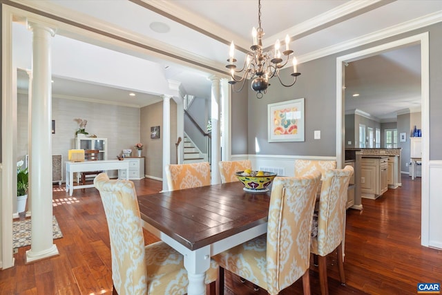 1664 Wickham Way, Charlottesville, VA 22901 - dining space with decorative columns, dark wood finished floors, ornamental molding, stairs, and a chandelier