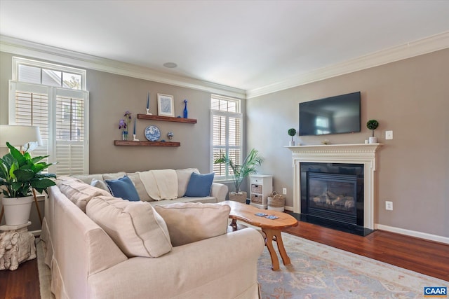1664 Wickham Way, Charlottesville, VA 22901 - living area featuring crown molding, wood finished floors, a fireplace with flush hearth, and baseboards