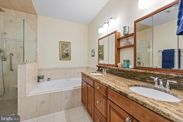 full bathroom with a shower stall, a garden tub, tile patterned floors, and double vanity