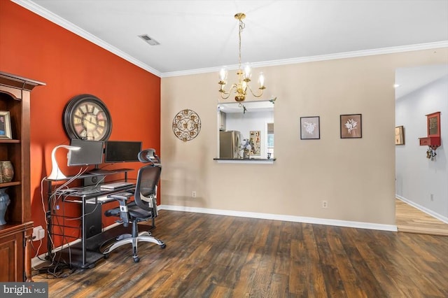 office with wood finished floors, baseboards, ornamental molding, and a chandelier