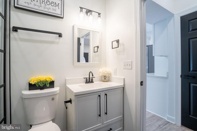 bathroom with vanity, toilet, and wood finished floors