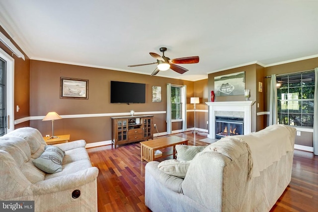 15605 Cedar Tree Ct, Mineral, VA 23117 - living room featuring a ceiling fan, crown molding, wood finished floors, and a fireplace with flush hearth